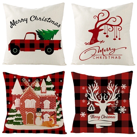 Housses de Coussin en Lin de Noël Carreaux Buffalo Rouge Renne Camion Arbre Bonhomme de Neige Décoratives Taies Oreiller Maison
