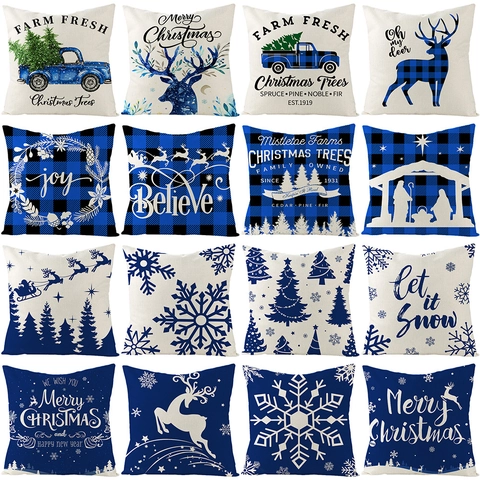 Weihnachten Leinen Kissenbezug Blau Navy Rentier Weihnachtsbaum Vintage LKW Schneeflocke Muster Dekorativer Kissenhülle Für Zuhause Deko