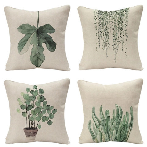 Nordisch Tropische Blätter Leinen Kissenbezug Quadratisch Aquarell Grüne Pflanzen Druck Kissenhülle Für Sofa Zuhause Dekor