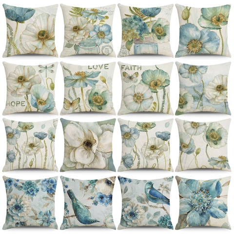 Vintage Watercolor Flower Art Cushion Cover Cotton Linen Square Pillow Case For Sofa Couch Home Decor Throw Cushion Cover