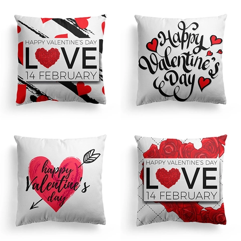 Valentine's Day Pillow Cover Love Heart Rose Pattern Square Short Plush Cushion Case For Home Decor Sofa Bedding No Insert
