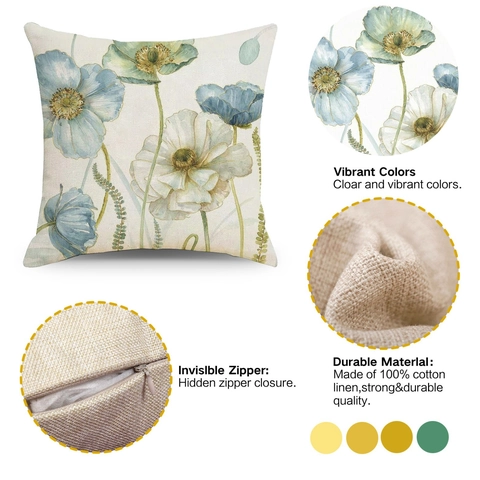 Vintage Watercolor Flower Art Cushion Cover Cotton Linen Square Pillow Case For Sofa Couch Home Decor Throw Cushion Cover