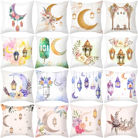 Bohemian Ramadan Moon Lantern Printed Pillowcase Peach Skin Polyester Cushion Cover For Sofa Living Room Home Decor