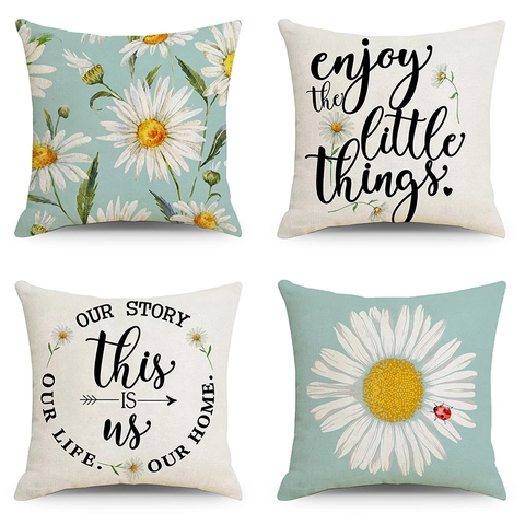 Daisy Sonnenblume Leinen Kissenbezug Quadratischer Dekorativer Kissenbezug Für Sofa Wohnzimmer Bauernhaus Home Decor Damen Geschenk