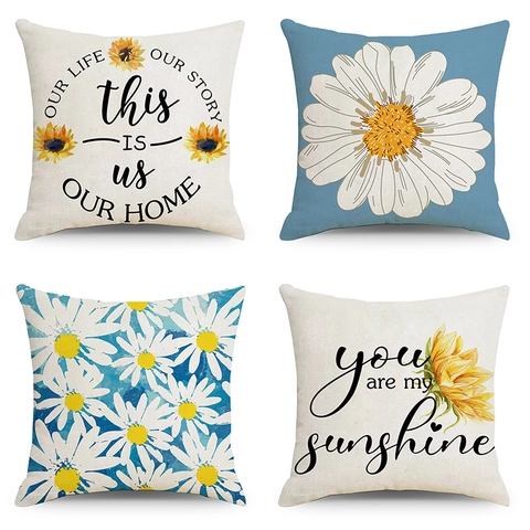 Daisy Sonnenblume Leinen Kissenbezug Quadratischer Dekorativer Kissenbezug Für Sofa Wohnzimmer Bauernhaus Home Decor Damen Geschenk