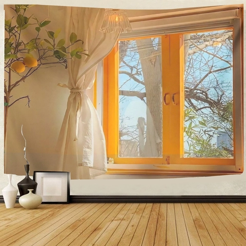 Tapiz De Paisaje De Falsa Ventana Colgante De Pared De Poliéster Paño De Fondo De Vista Al Mar Para Dormitorio Sala Decoración