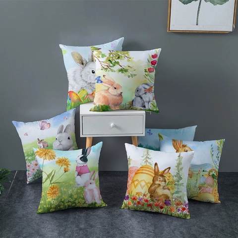 Pasen Aquarel Konijn Bloem Kussenhoes Decoratieve Vierkante Polyester Kussensloop Voor Sofa Woonkamer Huisdecoratie