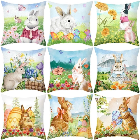 Pasen Aquarel Konijn Bloem Kussenhoes Decoratieve Vierkante Polyester Kussensloop Voor Sofa Woonkamer Huisdecoratie