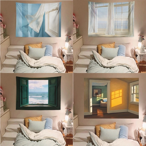 Tapiz De Paisaje De Falsa Ventana Colgante De Pared De Poliéster Paño De Fondo De Vista Al Mar Para Dormitorio Sala Decoración