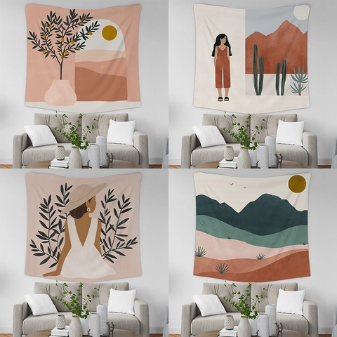 Scandinavisch Morandi Abstract Polyester Wandkleed Boheems Figuur Landschap Muurdecoratie Voor Woonkamer Slaapkamer
