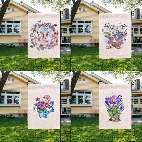 Bandiera da Giardino di Pasqua Fronte Retro in Lino Decorazione Cortile Festiva Con Coniglio Uova di Pasqua Fiori Banner