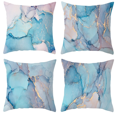 Modern Luxury Marble Texture Peach Skin Pillowcase Watercolor Ink Pattern Gold Line Print Square Cushion Cover Home Decor