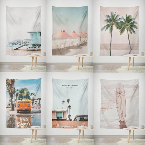 Arazzo Paesaggio Spiaggia Estiva Poliestere Retro Surf Van Palma Appeso a Parete Per Camera da Letto Soggiorno Dormitorio