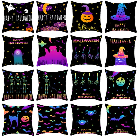 Halloween Kopfkissenbezug Polyester Schwarz Neon Verlauf Geist Kürbis Skelett Druck Dekorative Kissenhülle Für Heim Sofa