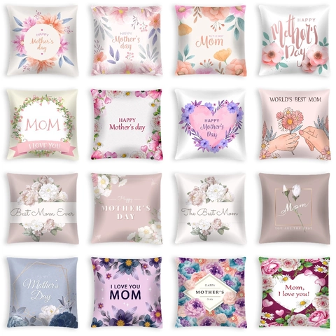 Funda de Almohada Estampada con Flores y Corazón para el Día de la Madre Poliéster Suave Piel de Melocotón Funda de Cojín Decoración Hogar Sofá Regalo Mamá