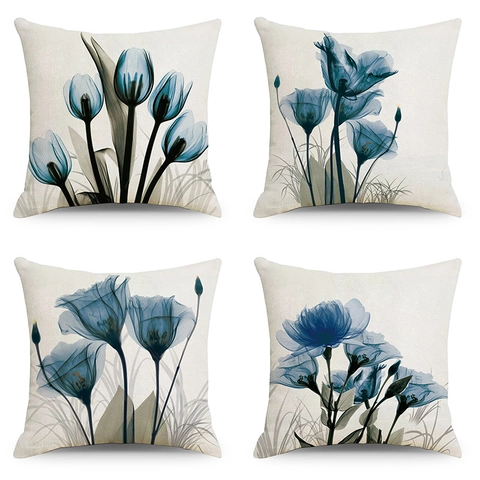Blue Ink Floral Linen Cushion Cover X-Ray Art Flower Print Decorative Square Throw Pillowcase For Home Sofa Living Room