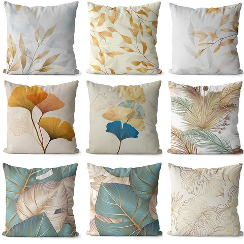 Modern Golden Ginkgo Leaf Peach Skin Throw Pillow Cover Botanical Printed Decorative Cushion Case For Home Living Room Sofa