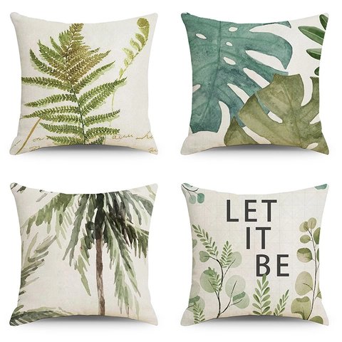 Fodera per Cuscino in Lino con Stampa di Piante Tropicali Foglia Verde Palma Monstera Decorativa per Divano Casa Soggiorno