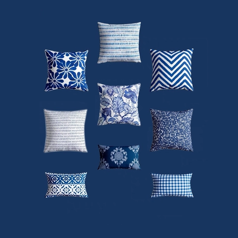 Klassieke Blauw-Wit Porseleinstijl Korte Pluche Kussenhoes Geometrische Bloemenprint Sierkussenhoes Voor Bank Huis Decoratie