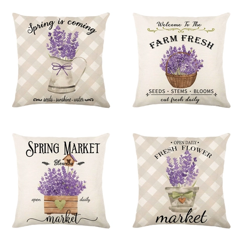 Rustikaler Lavendel Blumen Leinen Kissenbezug Vintage Bauernhaus Stil Kissenhülle Lila Botanischer Druck Home Dekor Quadratisch