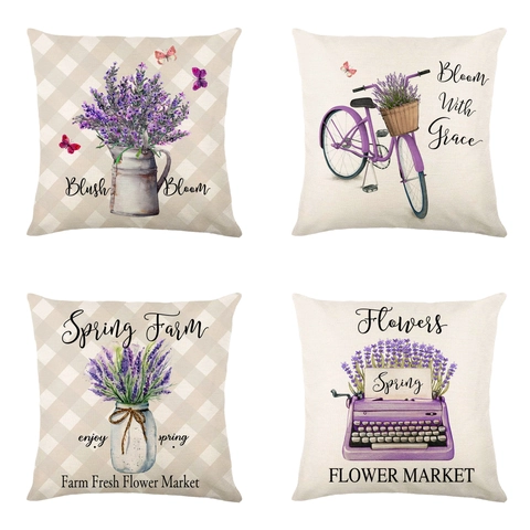 Rustikaler Lavendel Blumen Leinen Kissenbezug Vintage Bauernhaus Stil Kissenhülle Lila Botanischer Druck Home Dekor Quadratisch