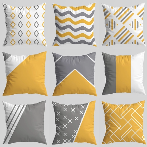 Funda de Almohada Geométrica Minimalista Moderna Amarillo Gris Poliéster Piel de Melocotón Funda de Cojín Cuadrada Decorativa Sofá