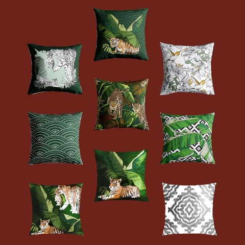Federa Stampata con Tigre della Giungla Tropicale in Poliestere Minimalista Americano Foglia Geometrica Copricuscino per Divano