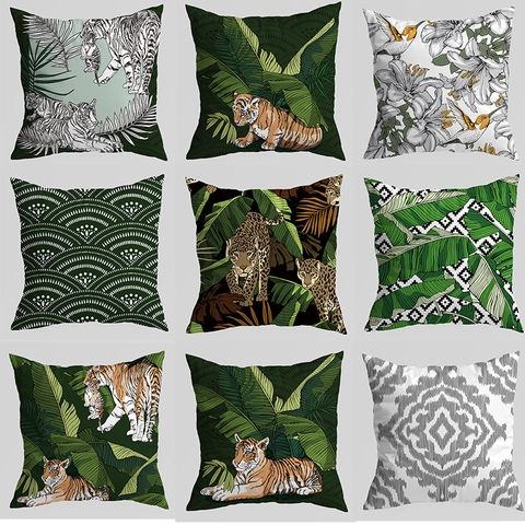 Federa Stampata con Tigre della Giungla Tropicale in Poliestere Minimalista Americano Foglia Geometrica Copricuscino per Divano