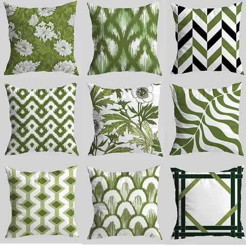Federa per Cuscino Retrò Geometrica Floreale Verde in Poliestere Pelle di Pesca Decorativa per Casa Divano Auto Soggiorno