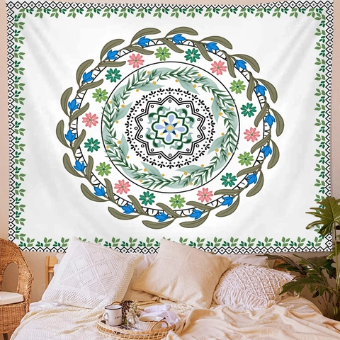 Tapiz Mandala Bohemio de Poliéster para Colgar en la Pared Patrón Floral para Dormitorio Sala de Estar Decoración del Hogar