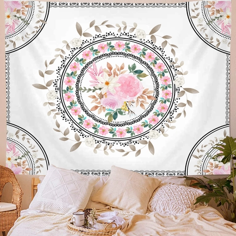 Tapiz Mandala Bohemio de Poliéster para Colgar en la Pared Patrón Floral para Dormitorio Sala de Estar Decoración del Hogar
