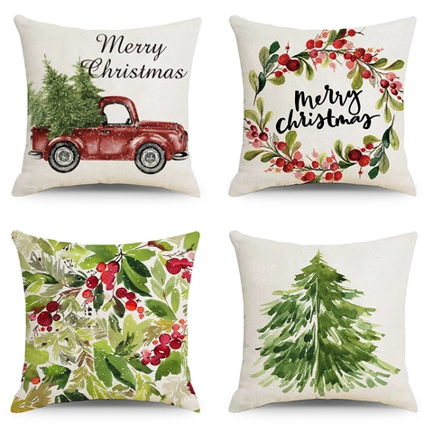 Christmas Linen Pillow Case Nordic Watercolor Red Truck Xmas Tree Wreath Decorative Sofa Cushion Cover Holiday Home Decor