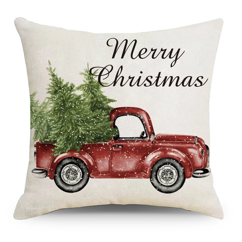 Christmas Linen Pillow Case Nordic Watercolor Red Truck Xmas Tree Wreath Decorative Sofa Cushion Cover Holiday Home Decor