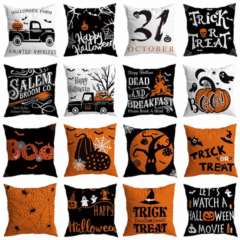 Halloween Pillowcase Polyester Printed Spooky Pumpkin Ghost Bat Pattern Cushion Cover For Home Sofa Party Festive Decoration