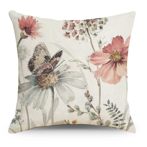 Funda de Cojín de Lino Vintage Acuarela Botánica Flor Mariposa Estampado Cuadrado Funda de Cojín Decorativa para Sofá Sala de Estar Hogar