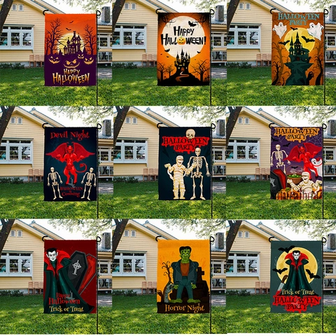 Halloween Garden Flag Linen Double Sided Digital Printed Spooky Pumpkin Ghost Bat Outdoor Yard Holiday Decoration Banner