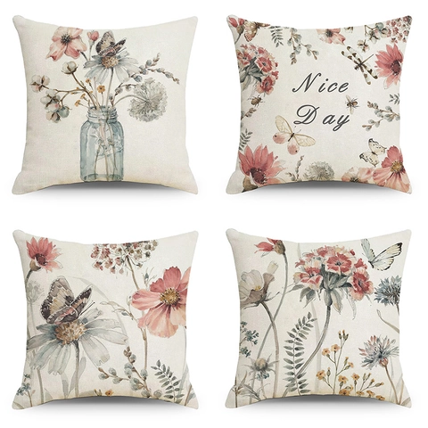 Funda de Cojín de Lino Vintage Acuarela Botánica Flor Mariposa Estampado Cuadrado Funda de Cojín Decorativa para Sofá Sala de Estar Hogar