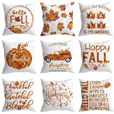 Thanksgiving Fall Decorative Pillowcase Peach Skin Polyester Pumpkin Maple Leaf Throw Pillow Cover Home Decor Harvest Festival