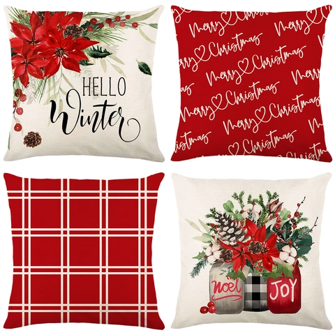 Kerst Sierkussenhoes Faux Linnen Bloemen Letters Print Vakantie Huis Bank Decoratie Kussenhoes Vierkant