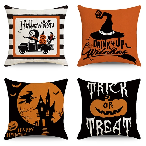 Halloween Throw Pillow Case Linen Pumpkin Witch Bat Decorative Cushion Cover For Sofa Living Room Halloween Decoration