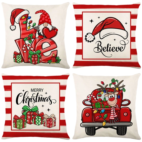 Christmas Linen Pillowcase Red Stripe Gnome Truck Reindeer Printed Square Cushion Cover For Sofa Home Festive Decor