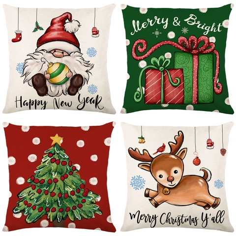Christmas Polyester Pillow Case Reindeer Tree Santa Claus Print Square Cushion Cover For Home Sofa Holiday Decoration