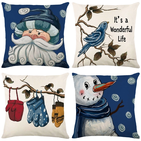 Christmas Decorative Pillowcase Polyester Printed Santa Claus Snowman Bird Pattern Cushion Cover For Home Bedroom Holiday Decor