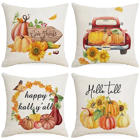 Erntedankfest Herbst Ahornblatt Kürbis Leinen Kissenbezug Aquarell Sonnenblume Roter Truck Kissenhülle Für Heimdekoration