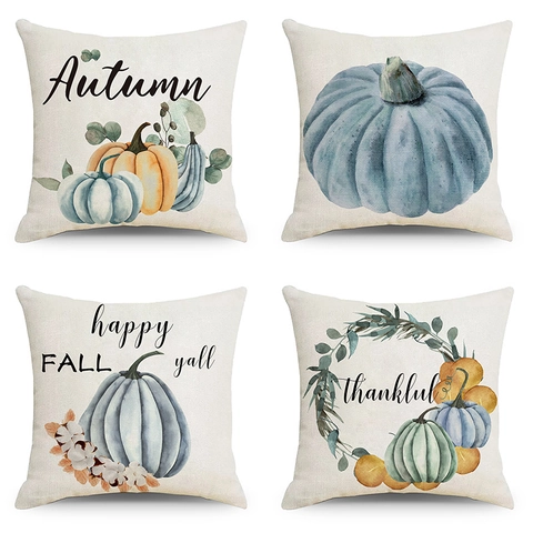 Autumn Thanksgiving Pumpkin Linen Throw Pillowcase Watercolor Print Decorative Cushion Cover For Sofa Couch Home Decor