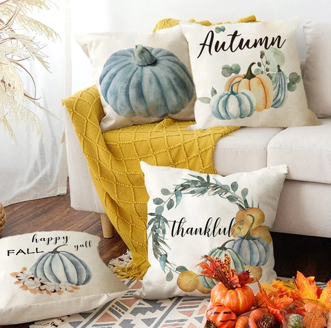 Autumn Thanksgiving Pumpkin Linen Throw Pillowcase Watercolor Print Decorative Cushion Cover For Sofa Couch Home Decor