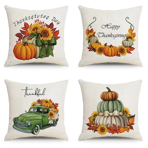 Erntedankfest Kürbis Sonnenblume Leinen Kissenbezug Herbst Ernte Dekorativer Kissenbezug Für Sofa Couch Zuhause Bauernhaus Dekor