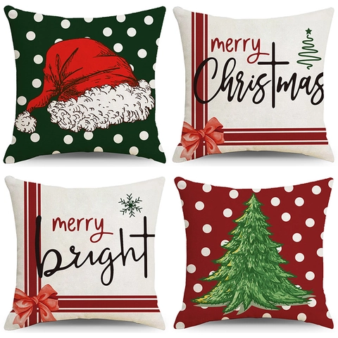 Christmas Linen Throw Pillow Cover Festive Tree Santa Hat Pattern Decorative Square Cushion Case For Sofa Home Living Room