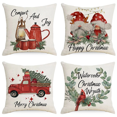 Christmas Linen Cushion Covers Watercolor Red Truck Gnome Wreath Pattern Holiday Decorative Pillowcase For Sofa Home Decor