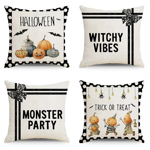 Halloween Kussensloop Linnen Katoen Pompoen Vleermuis Spin Print Modern Minimalistisch Kussenhoes Thuis Bank Decoratie